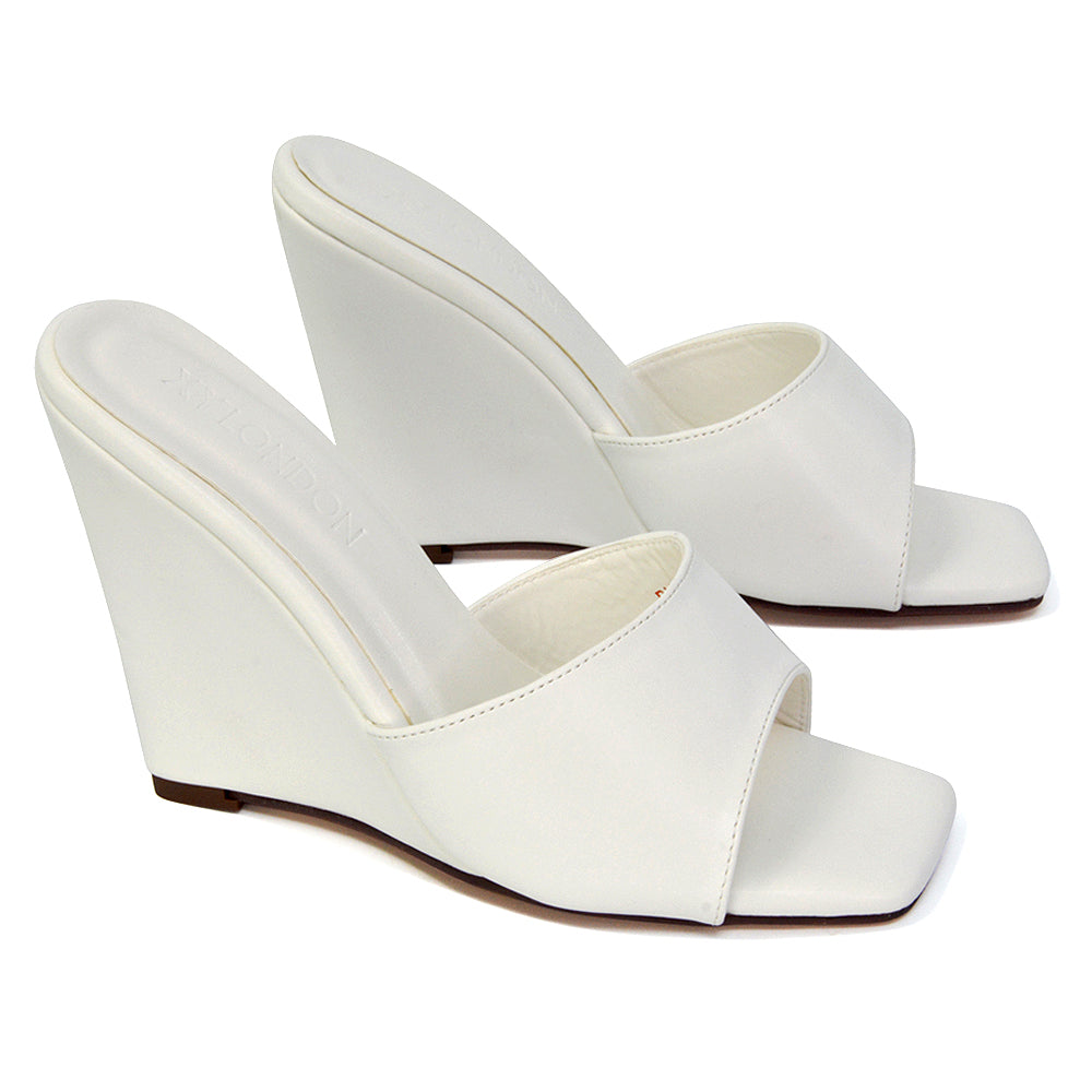 Otis Slip On Square Toe Wedge High Heeled Mule Summer Sandals in White