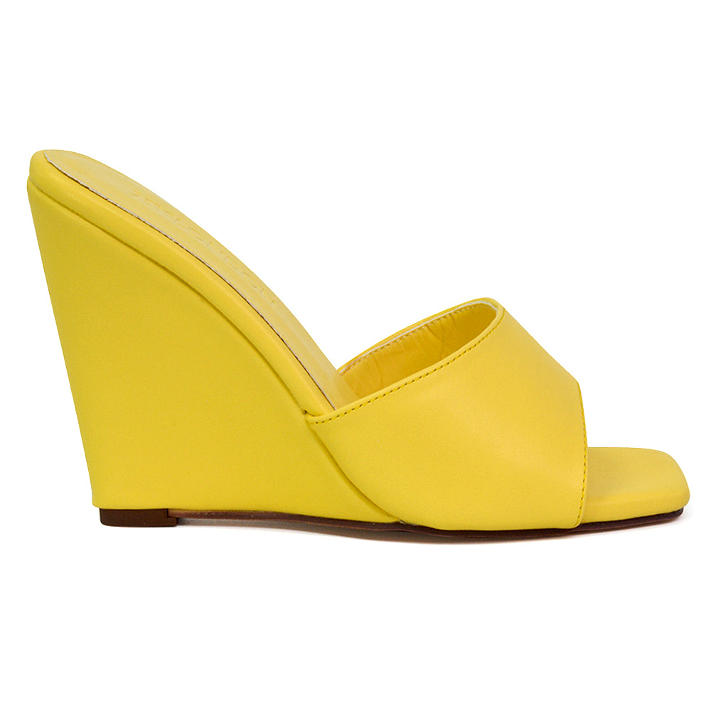 Otis Slip On Square Toe Wedge High Heeled Mule Summer Sandal Slides in Yellow