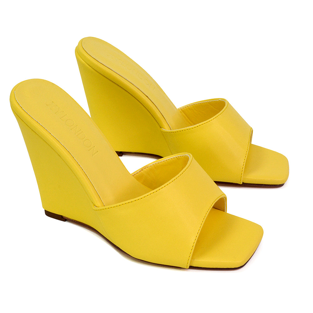 Otis Slip On Square Toe Wedge High Heeled Mule Summer Sandal Slides in Yellow