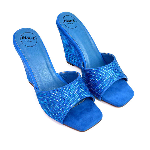 Peggie Diamante Faux Suede Square Toe Wedge Heel Sandal Mules in Blue