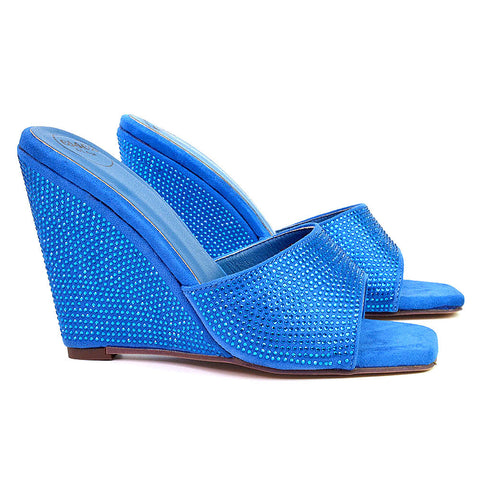 Peggie Diamante Faux Suede Square Toe Wedge Heel Sandal Mules in Blue