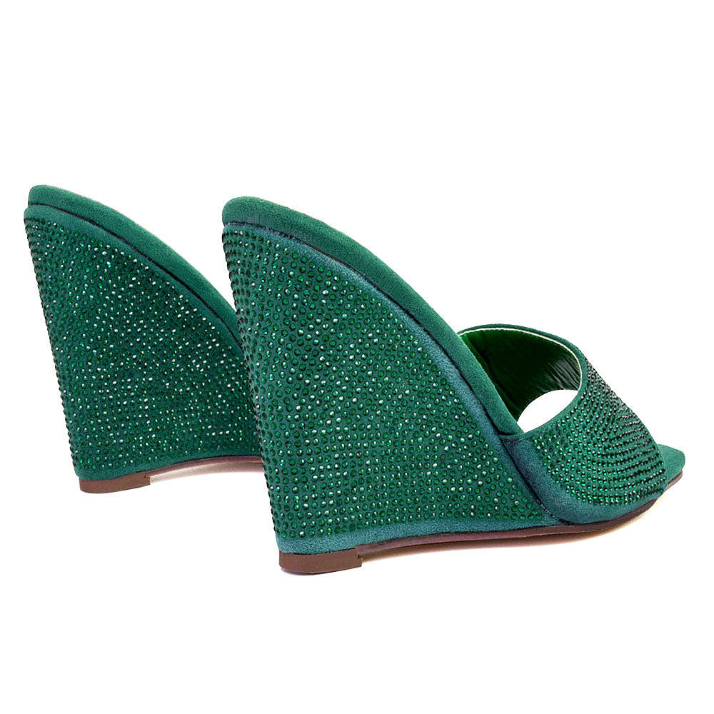 Peggie Diamante Faux Suede Square Toe Wedge Heel Sandal Mules in Green