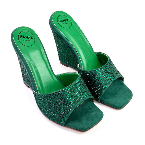 Peggie Diamante Faux Suede Square Toe Wedge Heel Sandal Mules in Green
