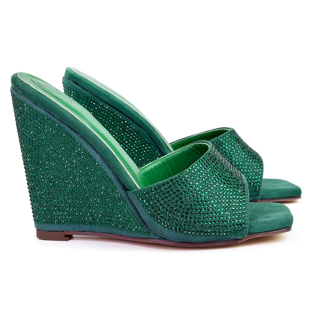 Peggie Diamante Faux Suede Square Toe Wedge Heel Sandal Mules in Green