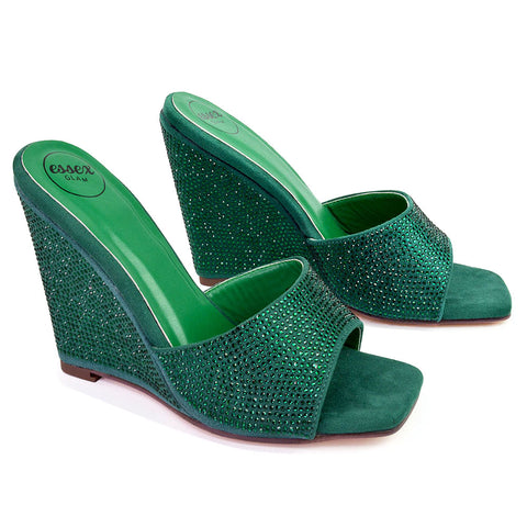 Peggie Diamante Faux Suede Square Toe Wedge Heel Sandal Mules in Green