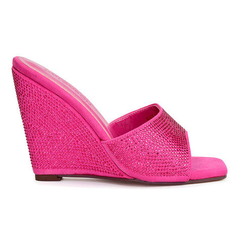 Peggie Diamante Faux Suede Square Toe Wedge Heel Sandal Mules in Fuchsia