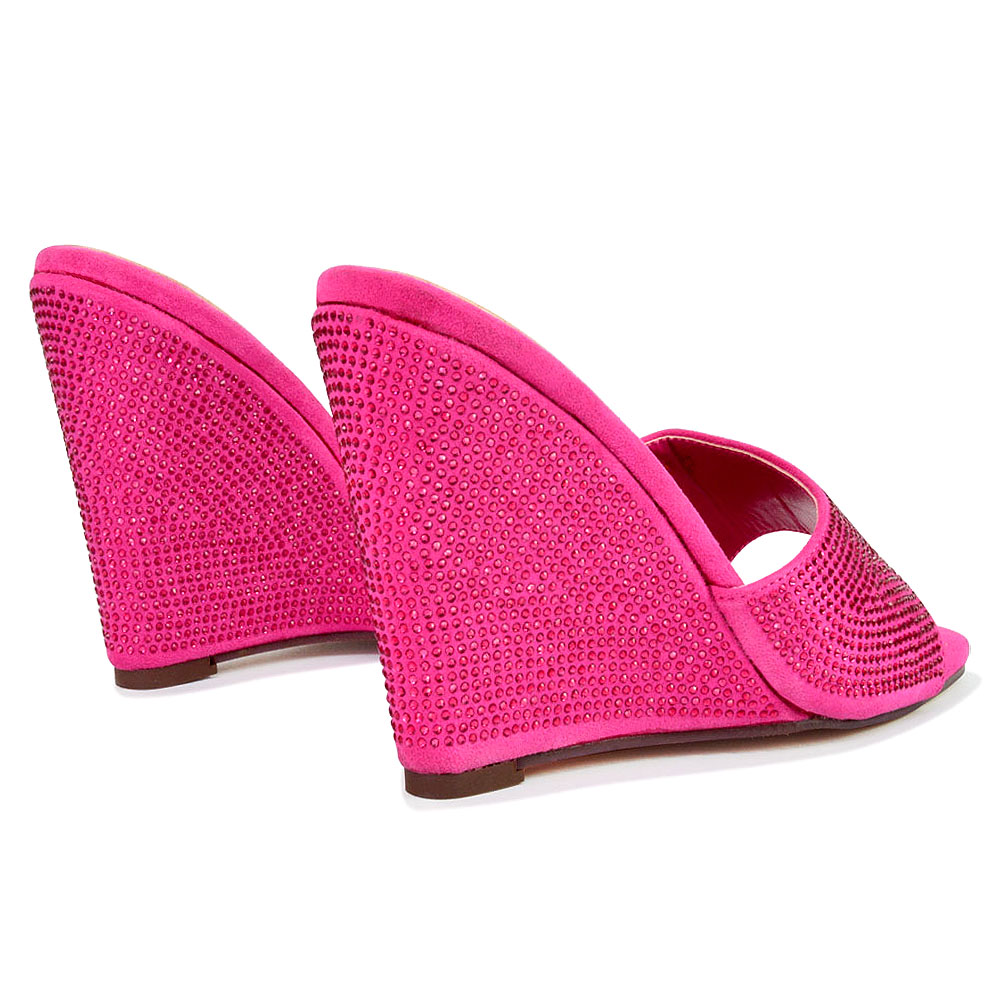 Peggie Diamante Faux Suede Square Toe Wedge Heel Sandal Mules in Fuchsia