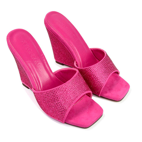 Peggie Diamante Faux Suede Square Toe Wedge Heel Sandal Mules in Fuchsia