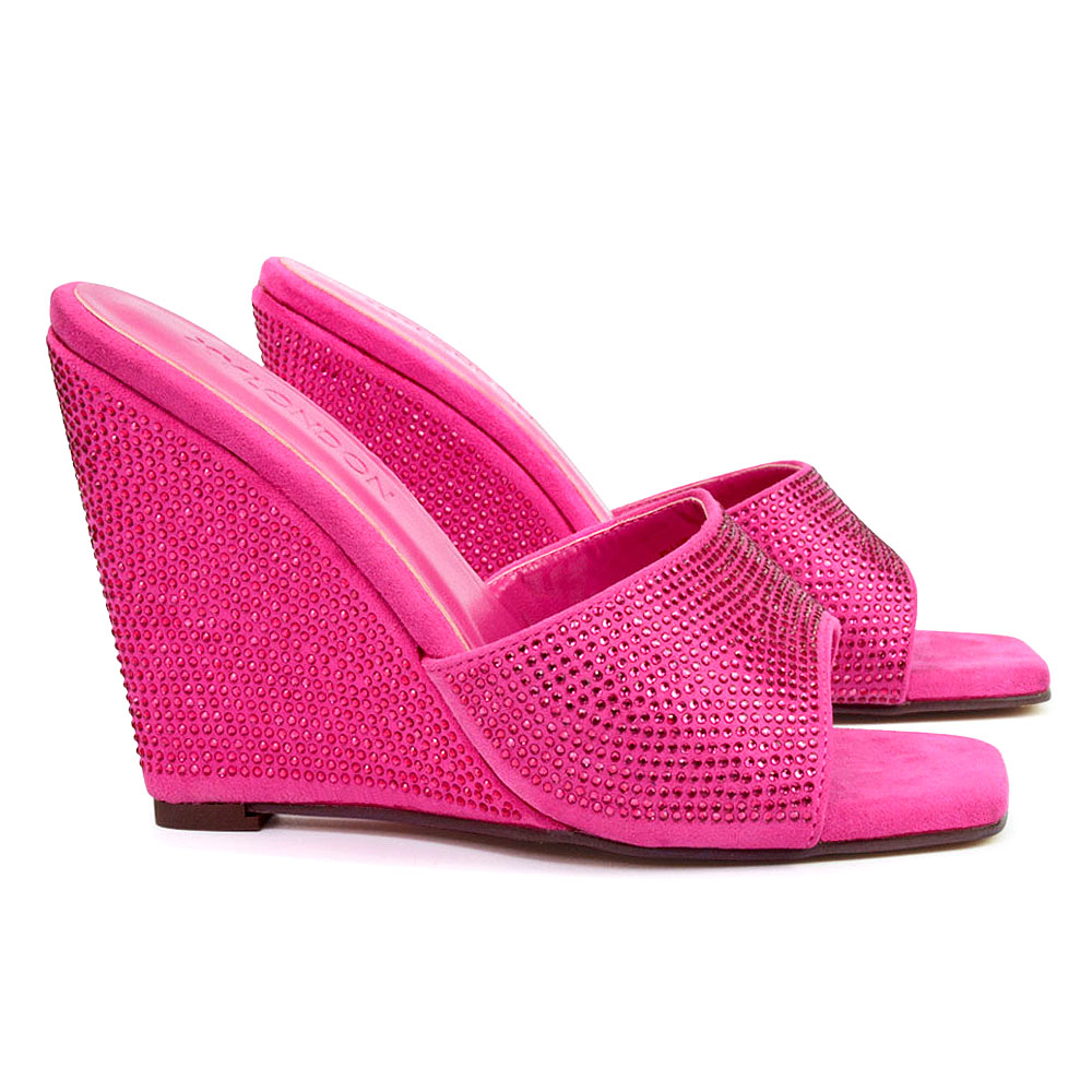 Peggie Diamante Faux Suede Square Toe Wedge Heel Sandal Mules in Fuchsia