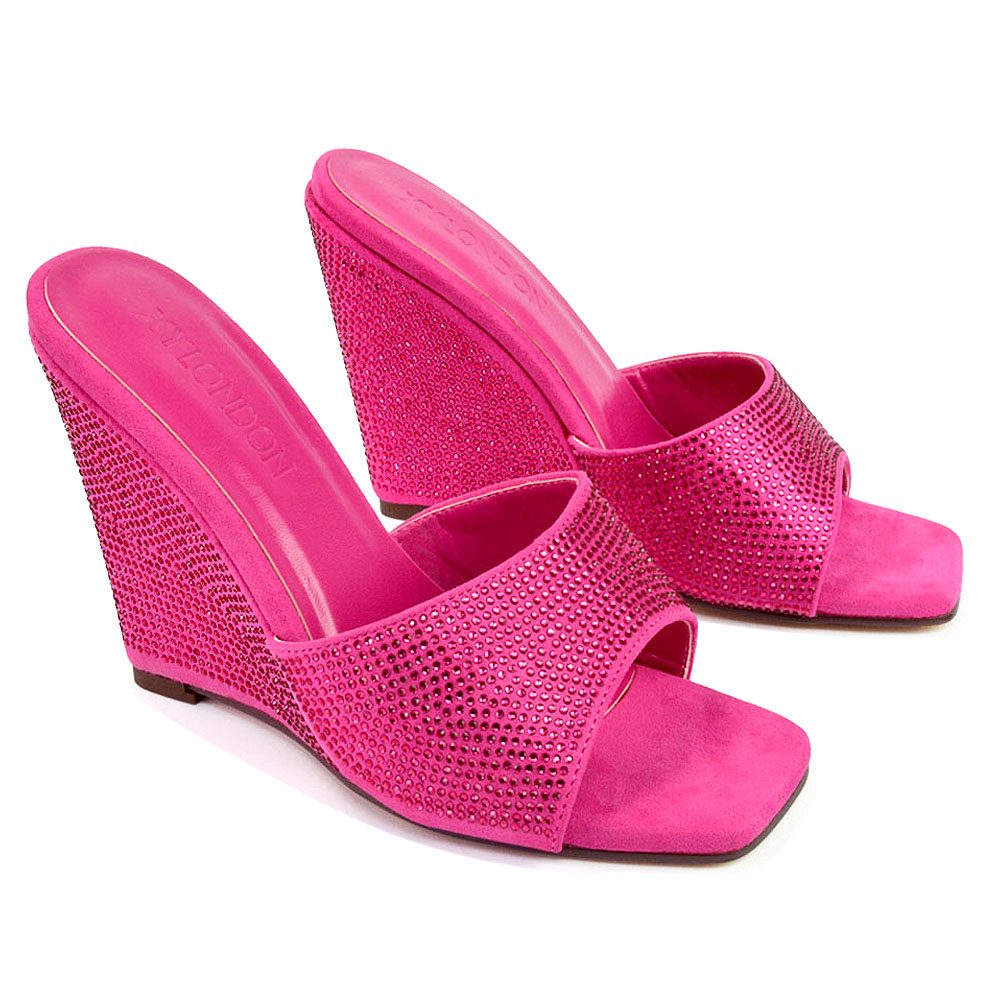 Peggie Diamante Faux Suede Square Toe Wedge Heel Sandal Mules in Fuchsia