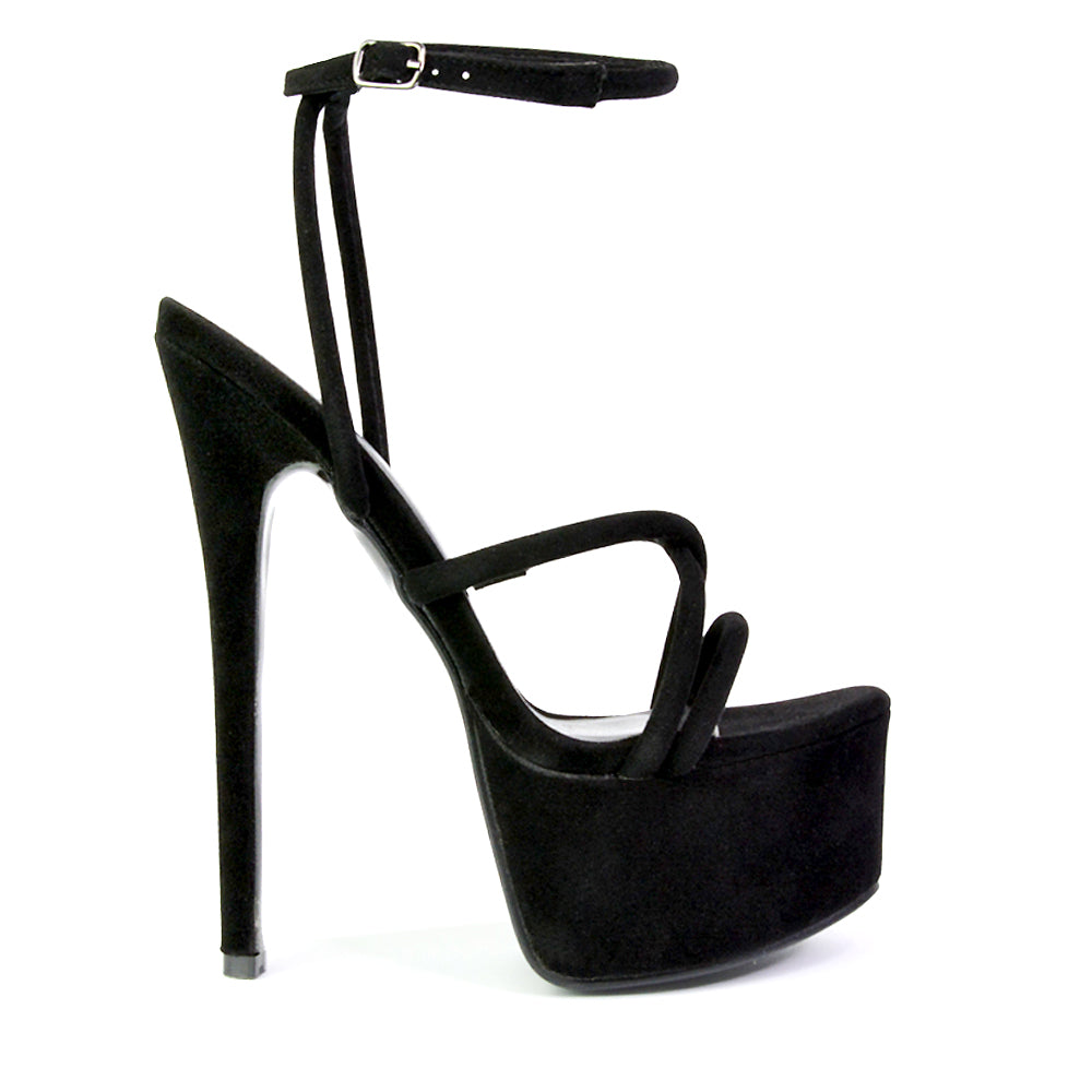 Maia Strappy Ankle Strap Party Statement Stiletto High Heel Platform Shoes in Black