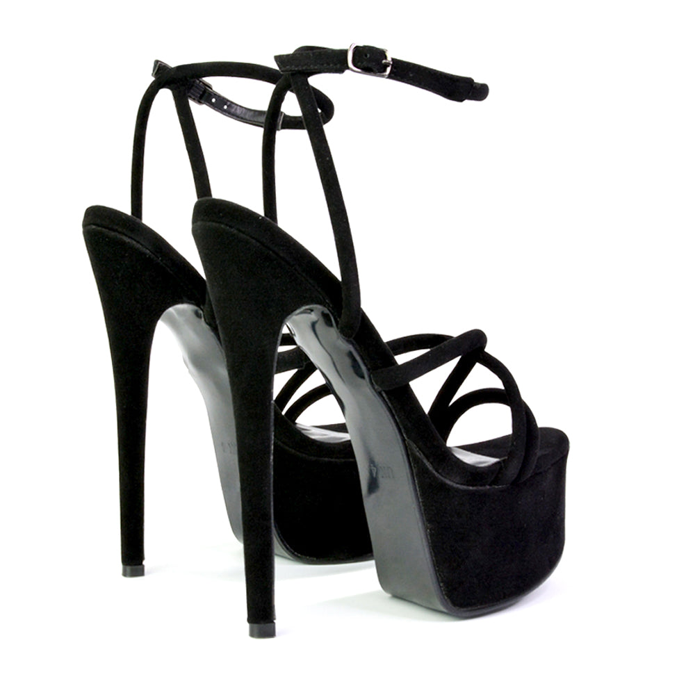 Maia Strappy Ankle Strap Party Statement Stiletto High Heel Platform Shoes in Black