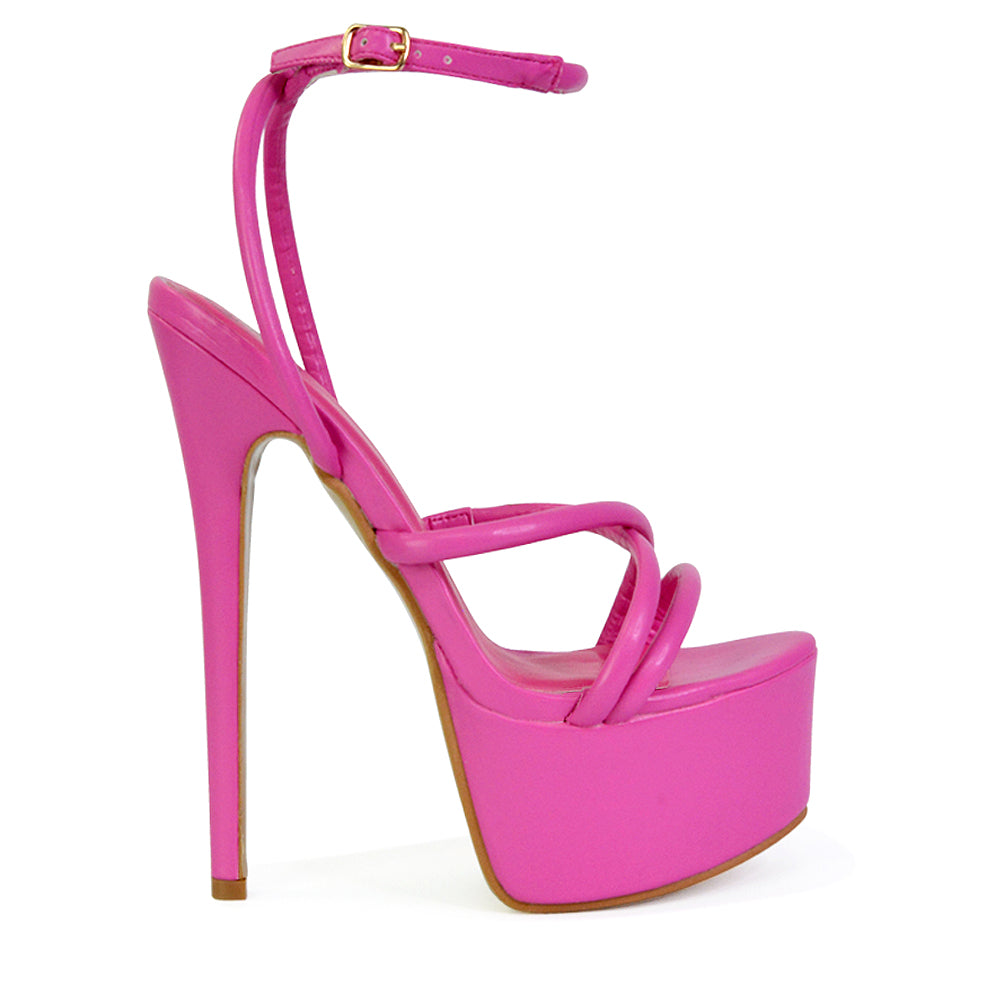 Maia Strappy Ankle Strap Party Statement Stiletto High Heel Platform Shoes in Fuchsia