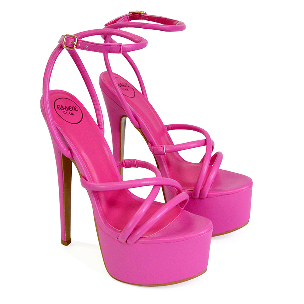 Maia Strappy Ankle Strap Party Statement Stiletto High Heel Platform Shoes in Fuchsia