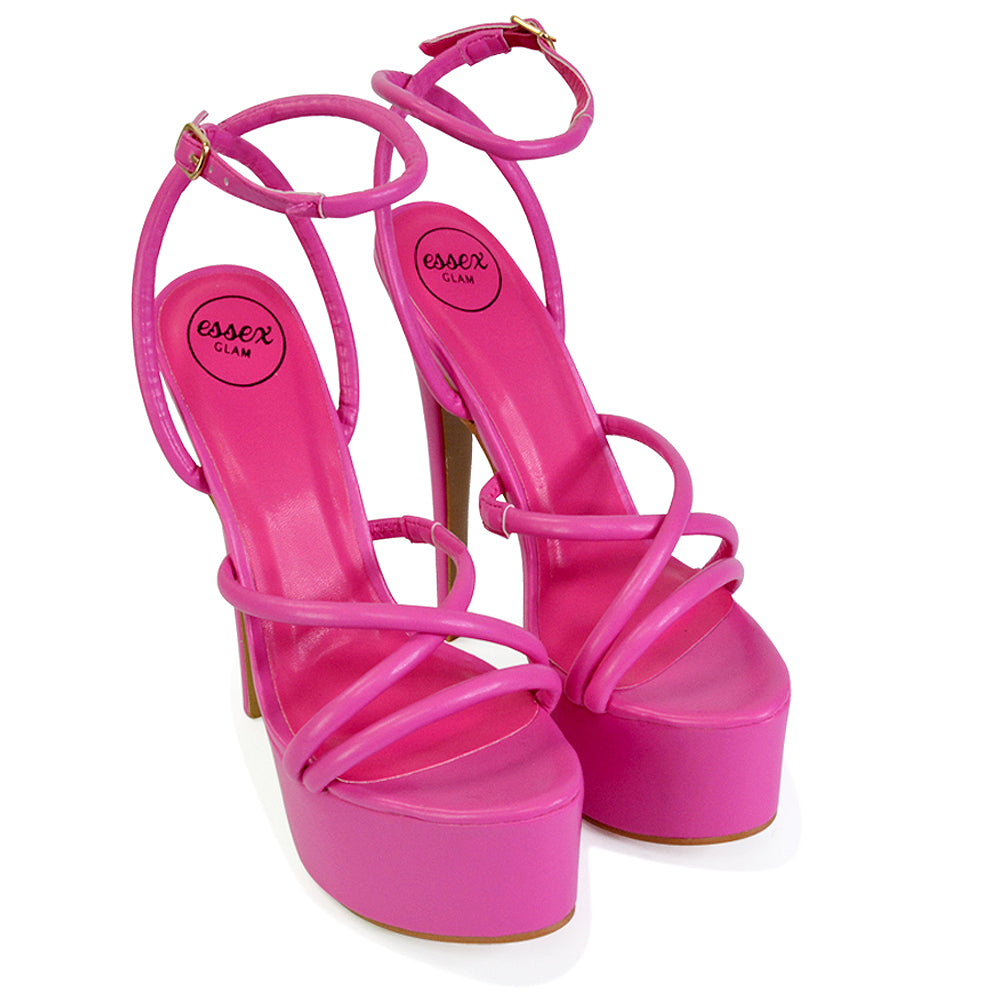 Maia Strappy Ankle Strap Party Statement Stiletto High Heel Platform Shoes in Fuchsia