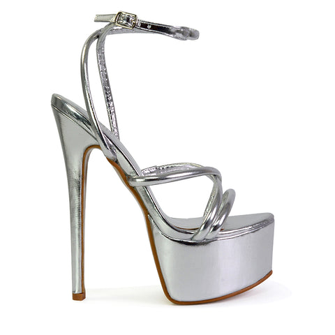 Maia Strappy Ankle Strap Party Statement Stiletto High Heel Platform Shoes in Silver