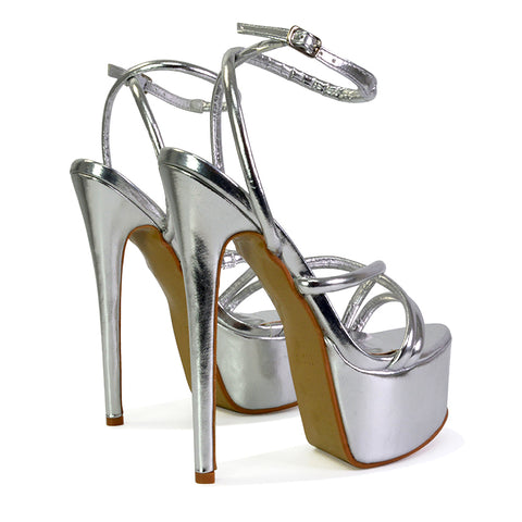 Maia Strappy Ankle Strap Party Statement Stiletto High Heel Platform Shoes in Silver