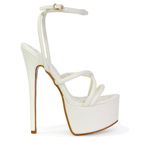 Maia Strappy Ankle Strap Party Statement Stiletto High Heel Platform Shoes in Silver