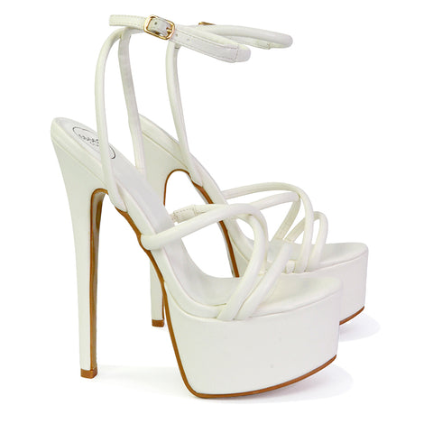 Maia Strappy Ankle Strap Party Statement Stiletto High Heel Platform Shoes in White