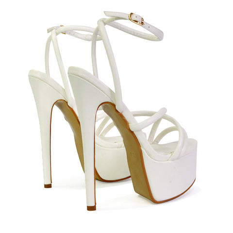 Maia Strappy Ankle Strap Party Statement Stiletto High Heel Platform Shoes in White