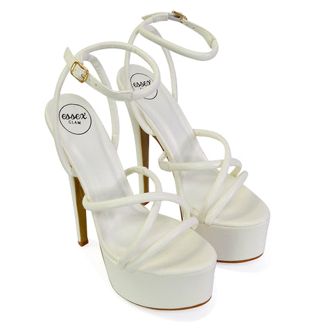 Maia Strappy Ankle Strap Party Statement Stiletto High Heel Platform Shoes in White