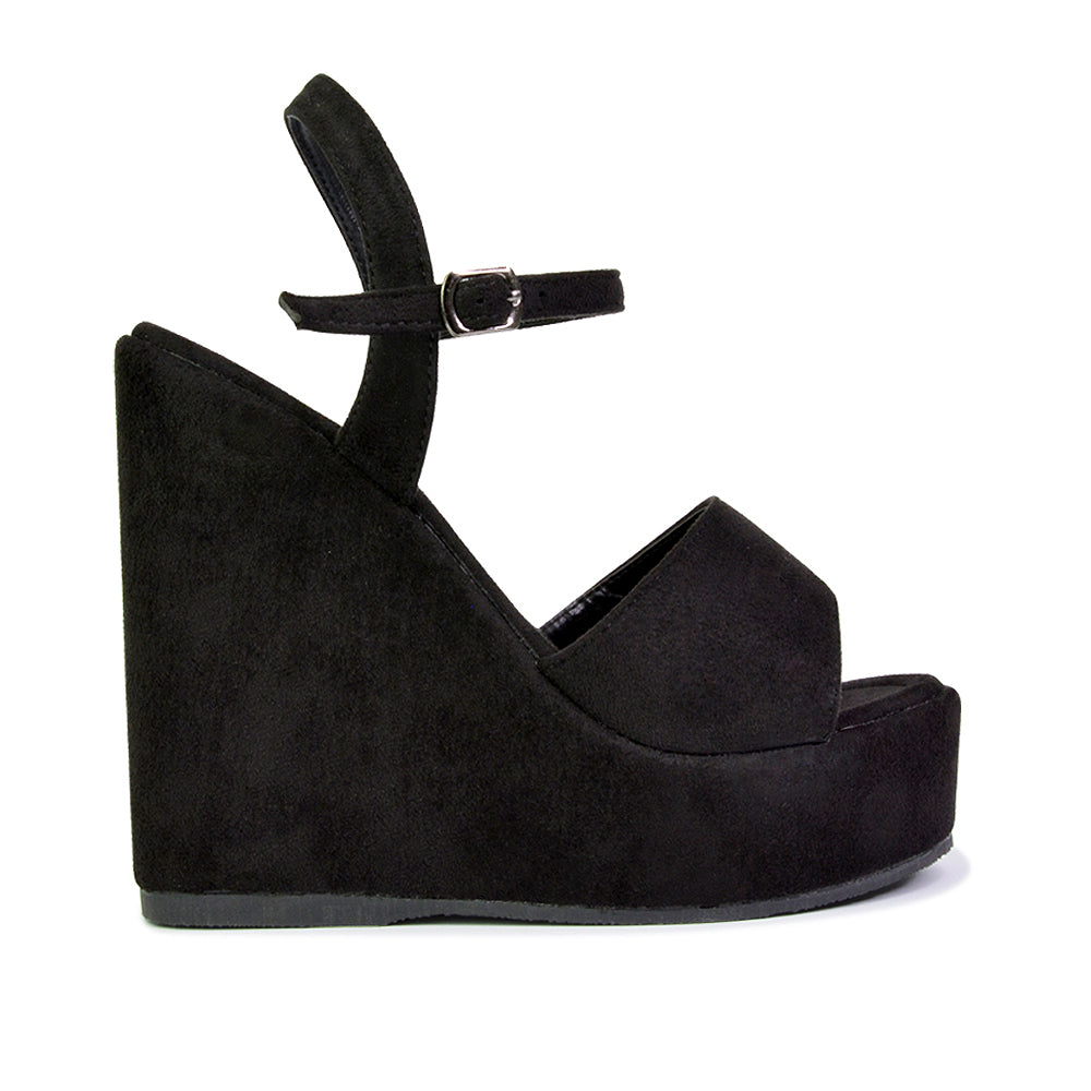 Belinda Wedge High Heel Strappy Platform Heeled Sandals in Black