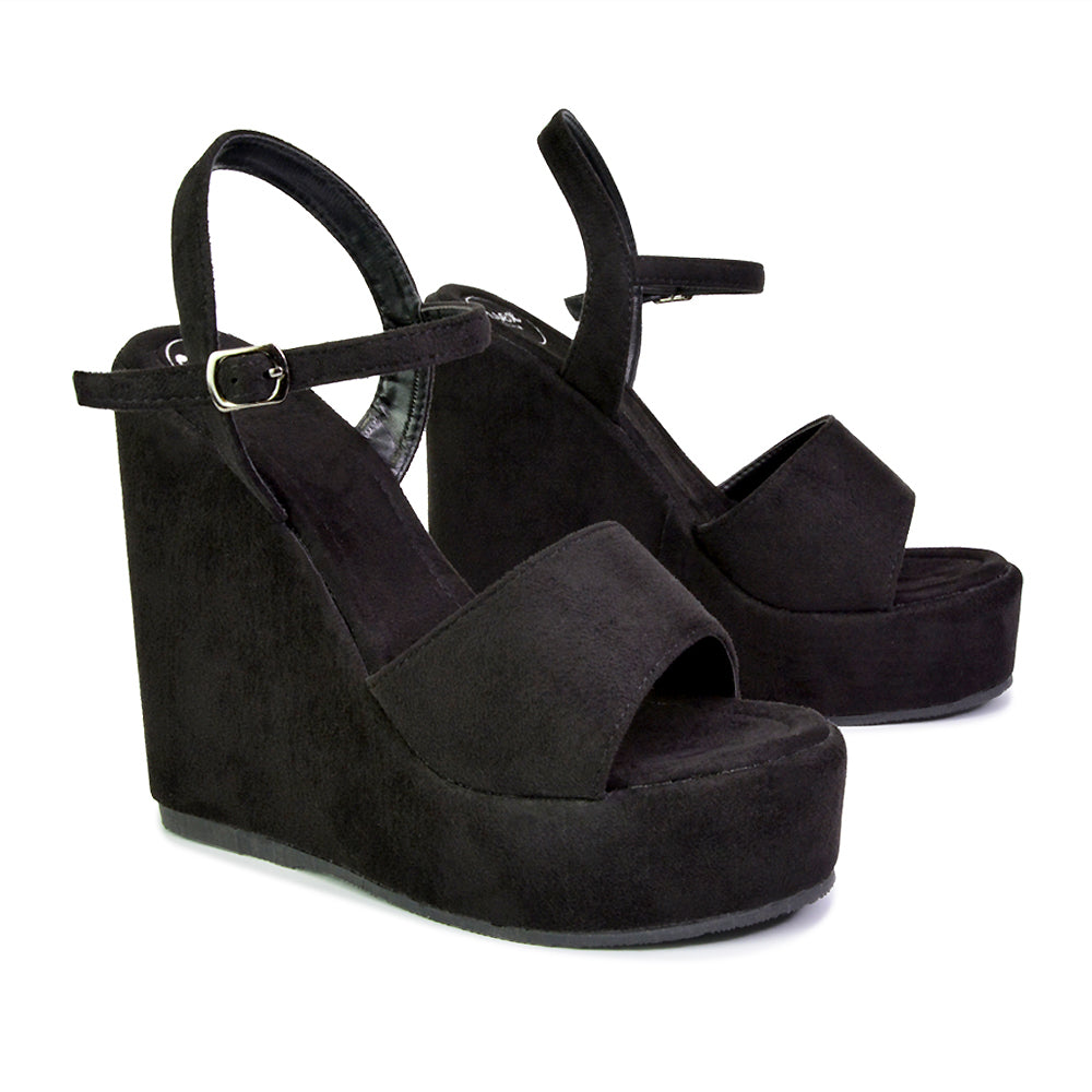 Belinda Wedge High Heel Strappy Platform Heeled Sandals in Black