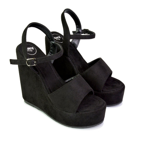 Belinda Wedge High Heel Strappy Platform Heeled Sandals in Black