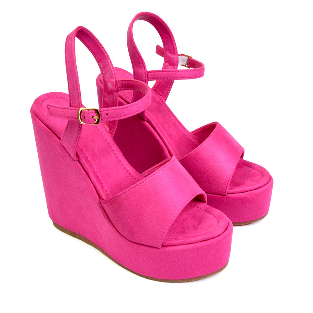 Belinda Wedge High Heel Strappy Platform Heeled Sandals in Fuchsia