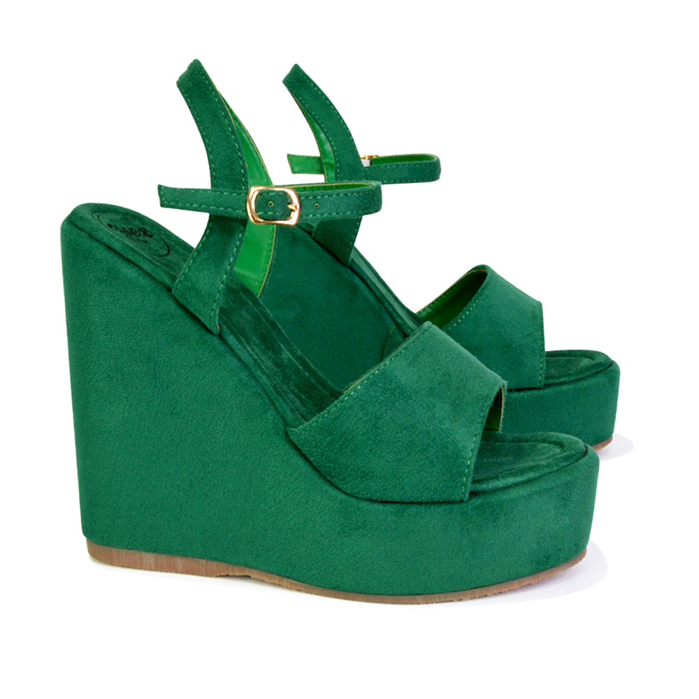 green platform wedge heels