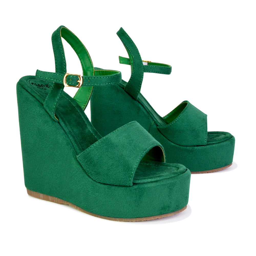 Belinda Wedge High Heel Strappy Platform Heeled Sandals in Green