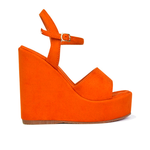 Belinda Wedge High Heel Strappy Platform Heeled Sandals in Orange