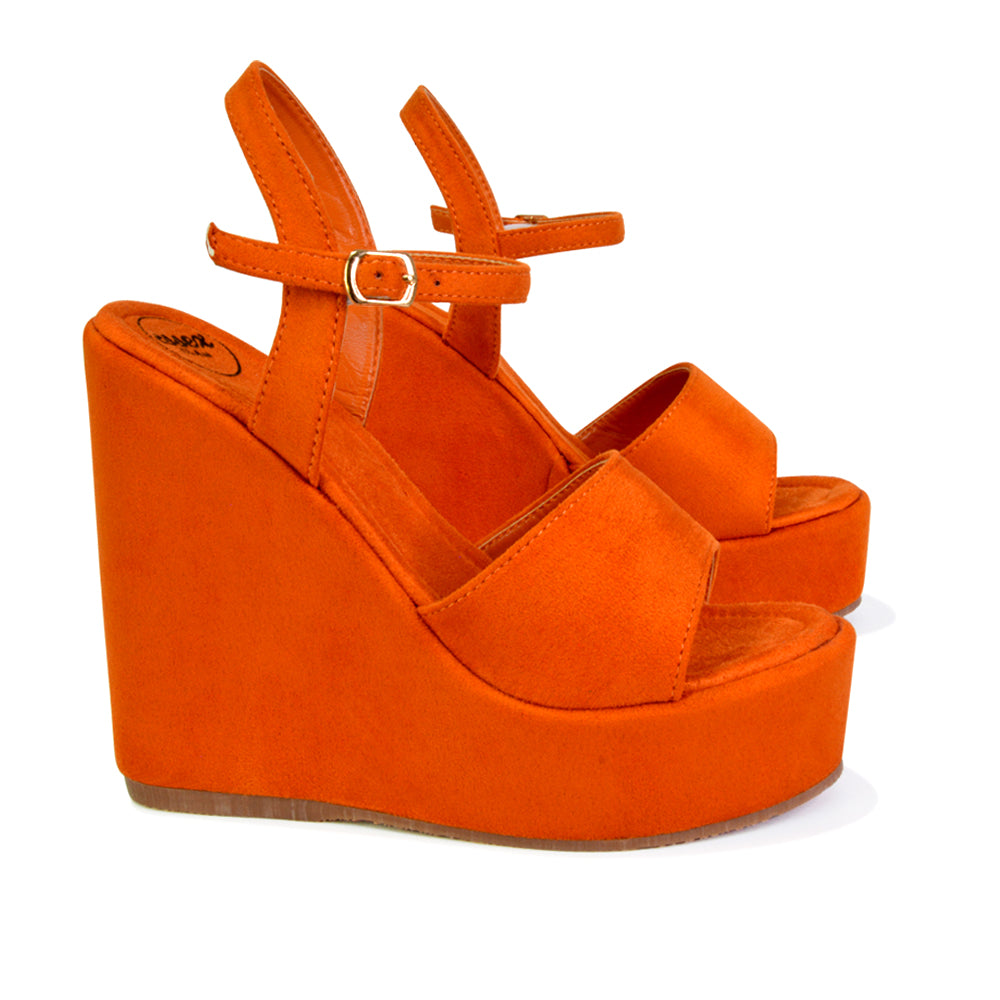 Belinda Wedge High Heel Strappy Platform Heeled Sandals in Orange