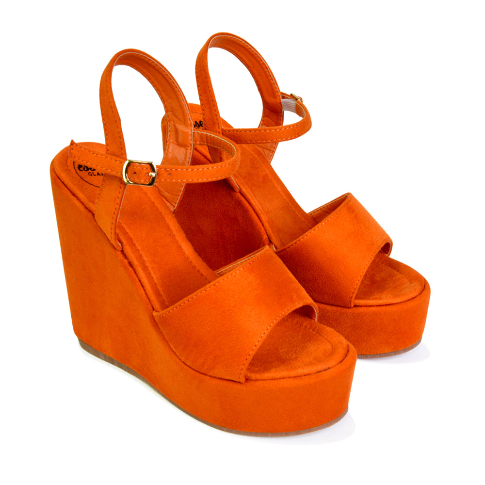 Belinda Wedge High Heel Strappy Platform Heeled Sandals in Orange