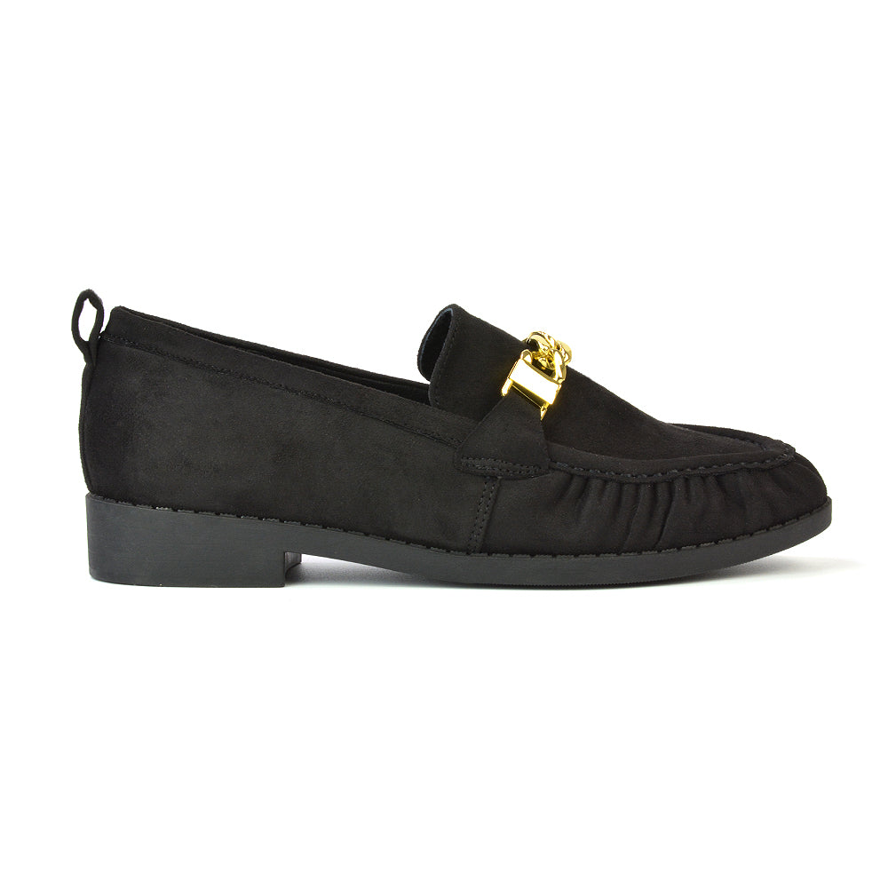 Heidi Chain Detail Ruched Loafer Back to School Shoes in Black Patent