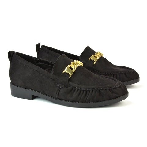 Heidi Chain Detail Ruched Loafer Back to School Shoes in Black Patent