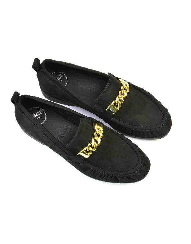 Heidi Chain Detail Ruched Loafer Back to School Shoes in Black Patent