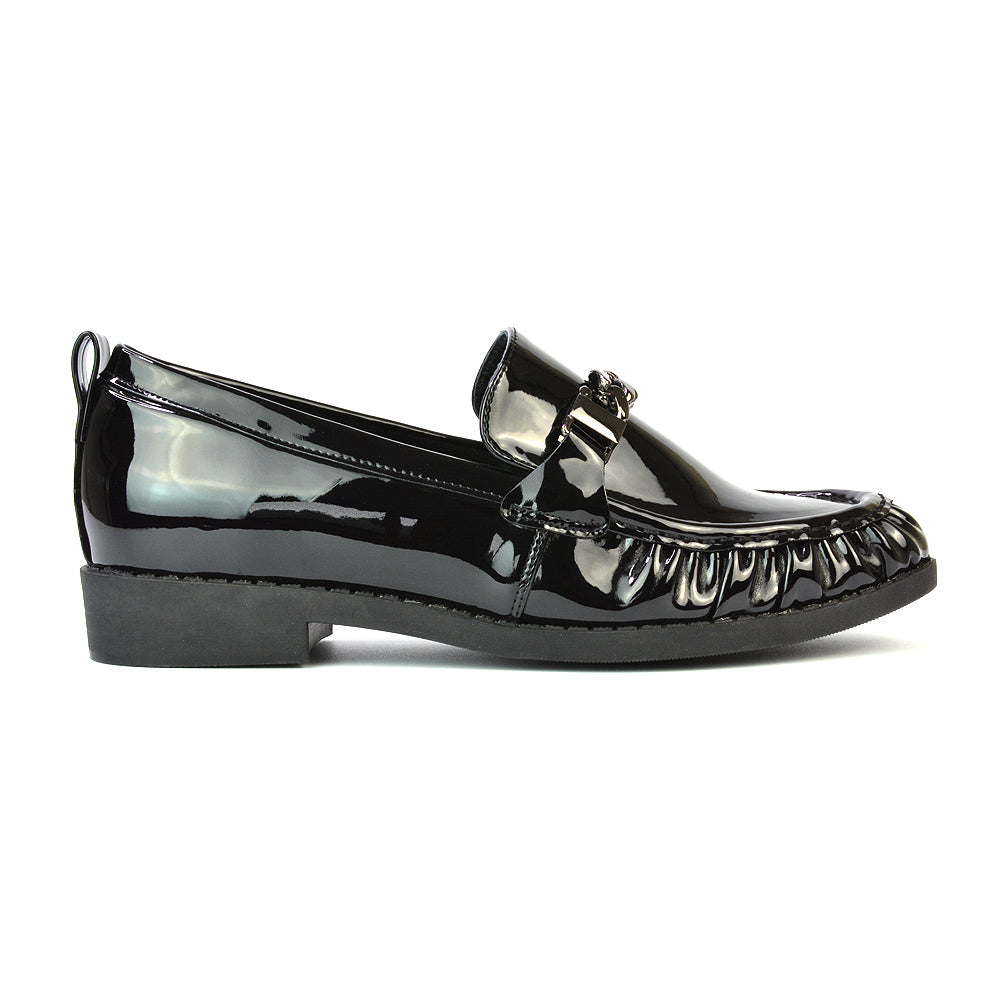 Heidi Chain Detail Ruched Loafer Back to School Shoes in Black Faux Suede