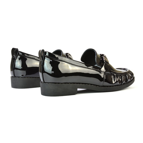 Heidi Chain Detail Ruched Loafer Back to School Shoes in Black Patent