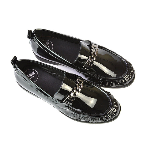 Heidi Chain Detail Ruched Loafer Back to School Shoes in Black Patent