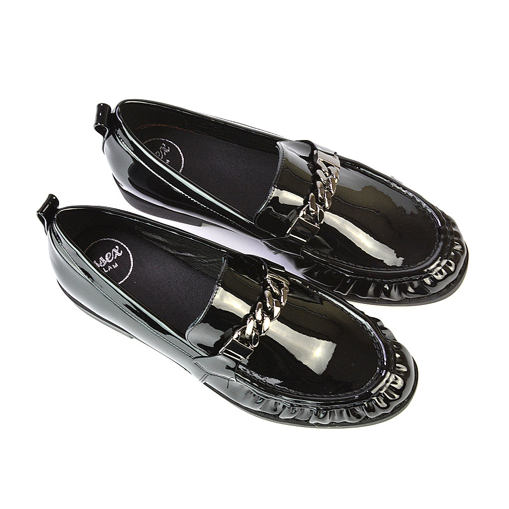 Heidi Chain Detail Ruched Loafer Back to School Shoes in Black Faux Suede