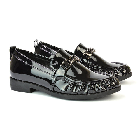 Heidi Chain Detail Ruched Loafer Back to School Shoes in Black Faux Suede