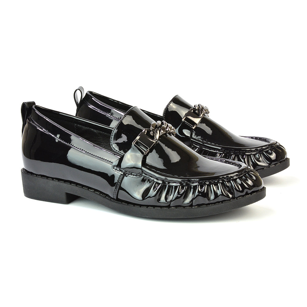 Heidi Chain Detail Ruched Loafer Back to School Shoes in Black Faux Suede