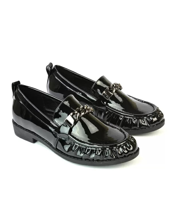 Heidi Chain Detail Ruched Loafer Back to School Shoes in Black Patent