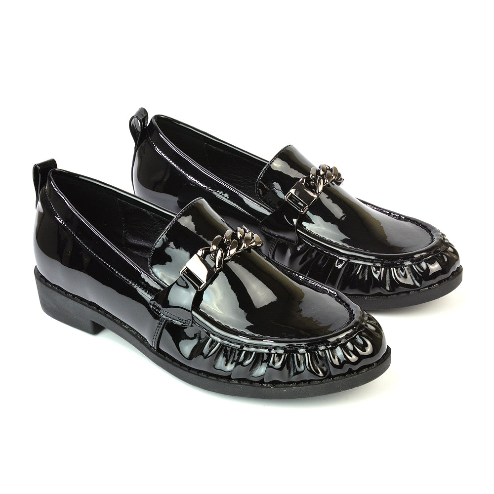 Heidi Chain Detail Ruched Loafer Back to School Shoes in Black Patent