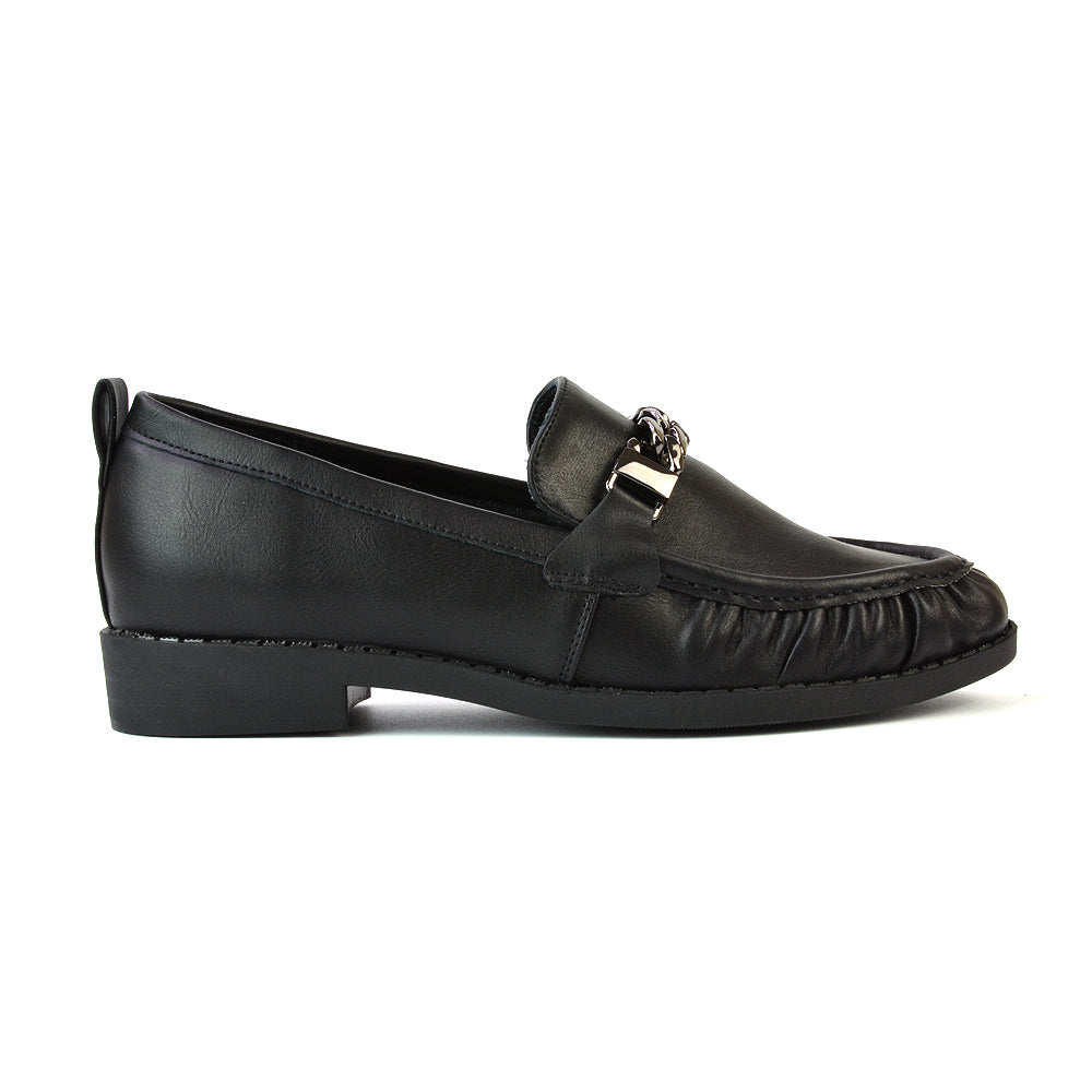 Heidi Chain Detail Ruched Loafer Back to School Shoes in Black Patent