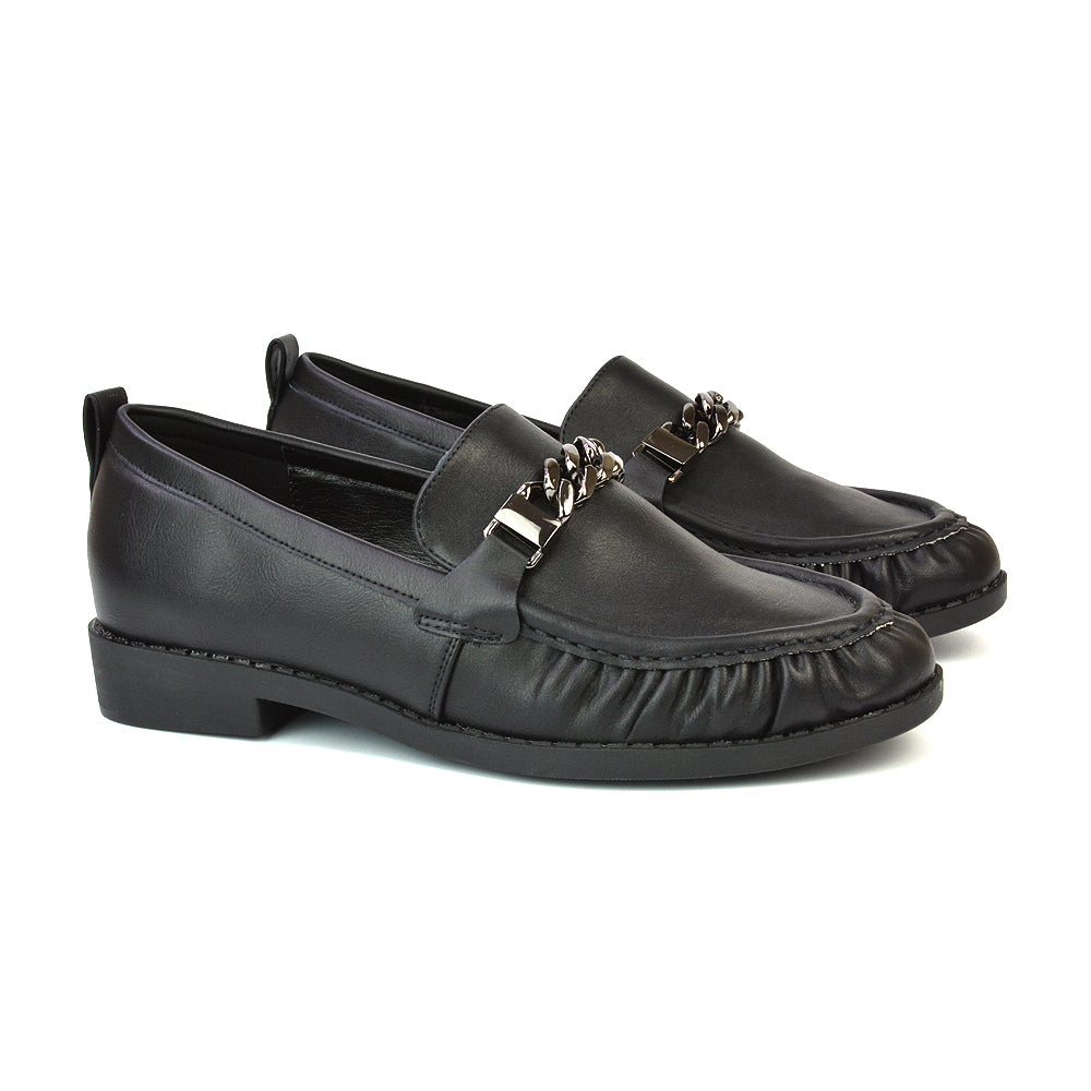 Heidi Chain Detail Ruched Loafer Back to School Shoes in Black Patent