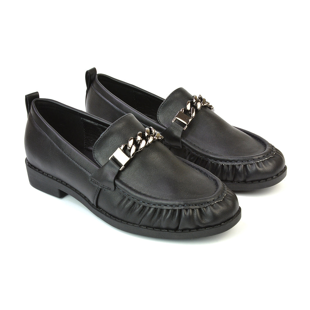 Heidi Chain Detail Ruched Loafer Back to School Shoes in Black Synthetic Leather