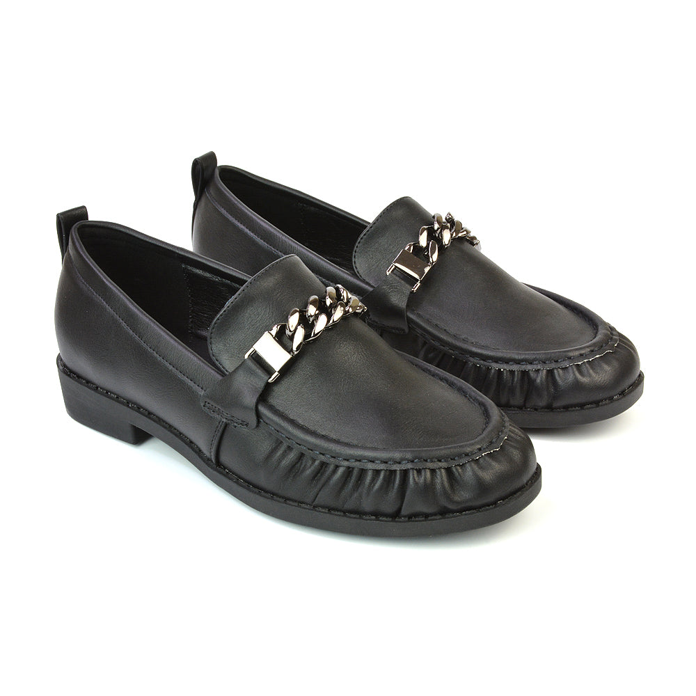 Heidi Chain Detail Ruched Loafer Back to School Shoes in Black Faux Suede