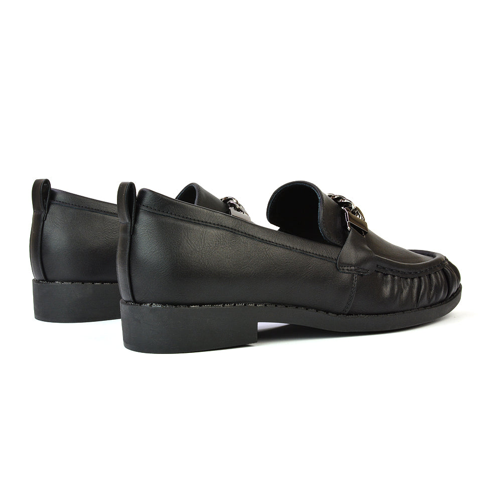 Heidi Chain Detail Ruched Loafer Back to School Shoes in Black Synthetic Leather